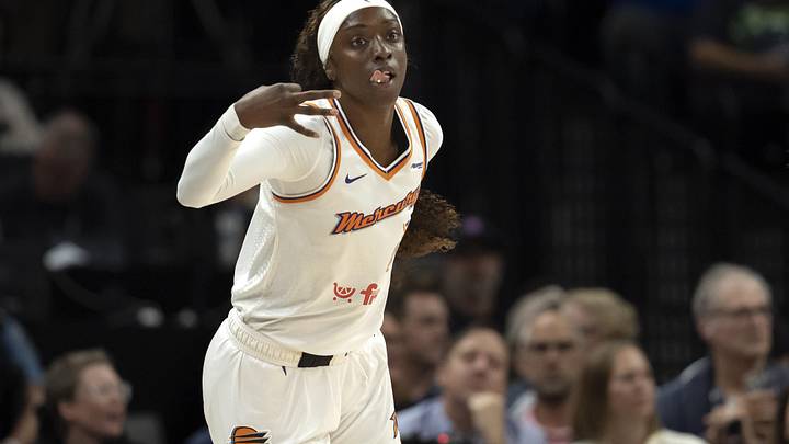 Sep 23, 2025; Minneapolis, Minnesota, USA; Phoenix Mercury guard Kahleah Copper (2) celebrates making a three point shot against the Minnesota Lynx in the first half during game two of the second round for the 2025 WNBA Playoffs at Target Center. Mandatory Credit: Jesse Johnson-Imagn Images