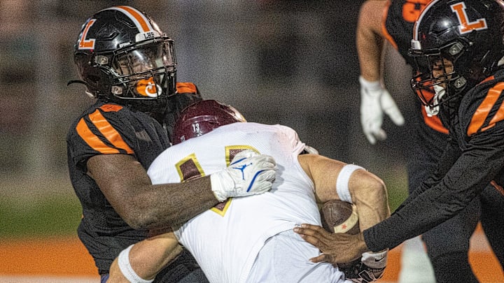 Lakeland Dreadnaughts (0) Malik Morris tackles Niceville (13) Jon Bocchino Friday December 6 , 2024 in Lakeland Fl.
Ernst Peters/The Ledger Lakeland Dreadnaughts (0) Malik Morris tackles Niceville (13) Jon Bocchino Friday December 6 , 2024 in Lakeland Fl.
Ernst Peters/The Ledger