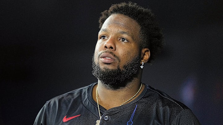 Sep 23, 2024; Toronto, Ontario, CAN; Toronto Blue Jays first baseman Vladimir Guerrero Jr. (27) in the dugout during the second inning against the Boston Red Sox at Rogers Centre
