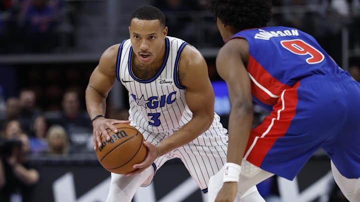 Oct 29, 2025; Detroit, Michigan, USA; Orlando Magic guard Desmond Bane (3) is defended by Detroit Pistons guard Ausar Thompson (9) in the first half at Little Caesars Arena. Mandatory Credit: Rick Osentoski-Imagn Images Oct 29, 2025; Detroit, Michigan, USA; Orlando Magic guard Desmond Bane (3) is defended by Detroit Pistons guard Ausar Thompson (9) in the first half at Little Caesars Arena. Mandatory Credit: Rick Osentoski-Imagn Images