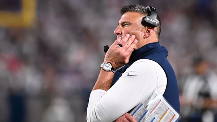 Oct 5, 2025; Orchard Park, New York, USA; New England Patriots head coach Mike Vrabel reacts during the second half at Highmark Stadium. Mandatory Credit: Mark Konezny-Imagn Images