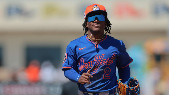 Mar 11, 2025; West Palm Beach, Florida, USA; New York Mets shortstop Luisangel Acuna (2) looks on against the Houston Astros during the sixth inning at CACTI Park of the Palm Beaches. Mandatory Credit: Sam Navarro-Imagn Images