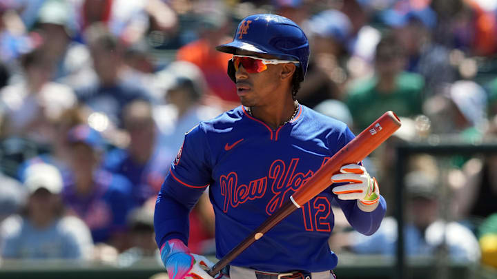 West Sacramento, California, USA; New York Mets shortstop Francisco Lindor (12) bats during the first inning against the Athletics at Sutter Health Park. West Sacramento, California, USA; New York Mets shortstop Francisco Lindor (12) bats during the first inning against the Athletics at Sutter Health Park.