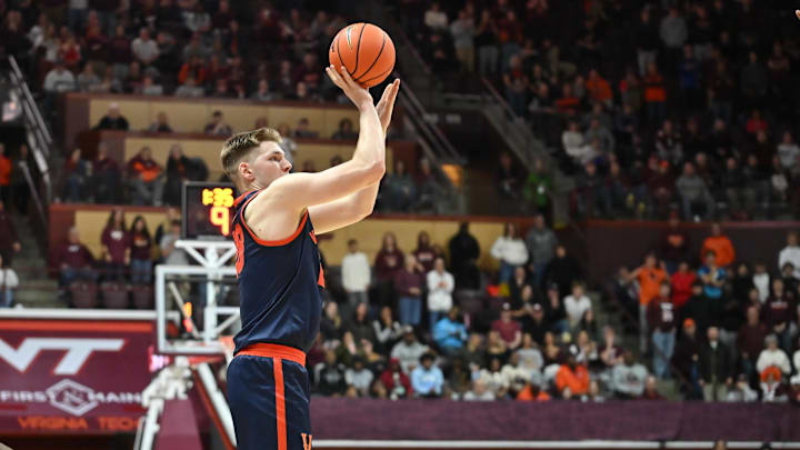 Dec 31, 2025; Blacksburg, Virginia, USA;  Virginia Cavaliers forward Thijs de Ridder (28) shoots a shot during the third overtime at Cassell Coliseum. Mandatory Credit: Brian Bishop-Imagn Images
