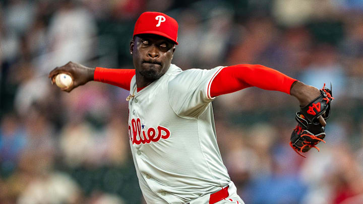 Jul 22, 2024; Minneapolis, Minnesota, USA; Philadelphia Phillies pitcher Yunior Marte (43) delivers a pitch against the Minnesota Twins in the eighth inning at Target Field.