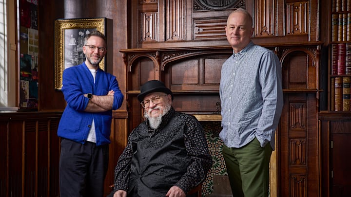 Game of Thrones: The Mad King. (L-R) Duncan Macmillan, George R.R. Martin, and Dominic Cooke. Photo Courtesy Royal Shakespeare Company (RSC)