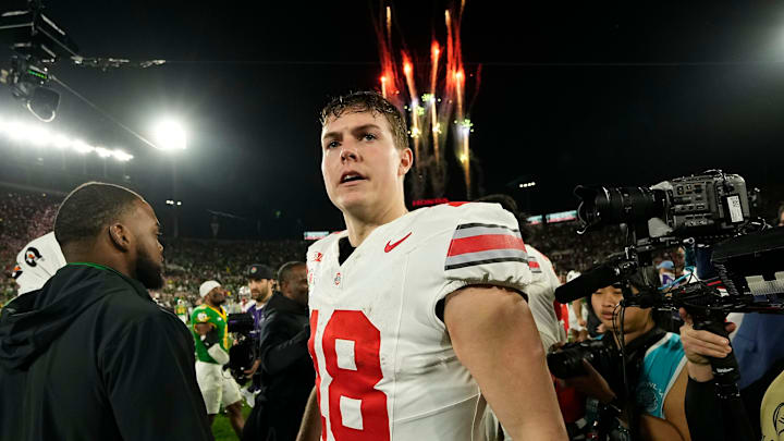 Ohio State Buckeyes quarterback Will Howard (18) celebrates following the 41-21 win over the Oregon Ducks in the College Football Playoff quarterfinal at the Rose Bowl in Pasadena, Calif. on Jan. 1, 2025.