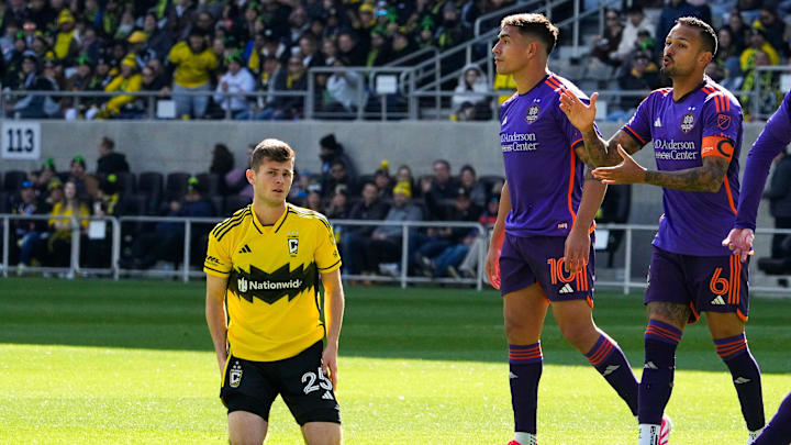Columbus Crew midfielder Sean Zawadzki (25) looks at the referee in the first half at Lower.com Field on Saturday, March 8, 2025 in Columbus, Ohio.