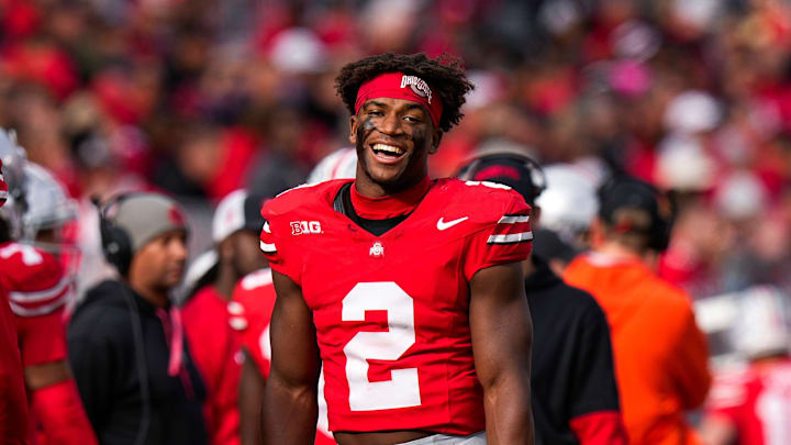 Ohio State safety Caleb Downs smiles during a game against Purdue.