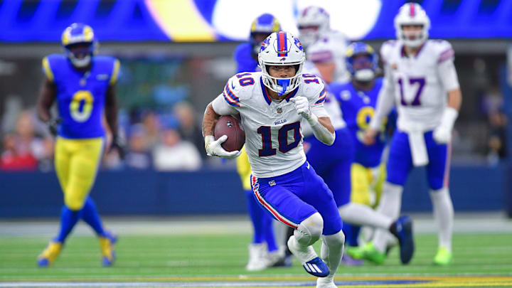 Dec 8, 2024; Inglewood, California, USA; Buffalo Bills wide receiver Khalil Shakir (10) runs the ball for a touchdown against the Los Angeles Rams during the second half at SoFi Stadium. Mandatory Credit: Gary A. Vasquez-Imagn Images Dec 8, 2024; Inglewood, California, USA; Buffalo Bills wide receiver Khalil Shakir (10) runs the ball for a touchdown against the Los Angeles Rams during the second half at SoFi Stadium. Mandatory Credit: Gary A. Vasquez-Imagn Images