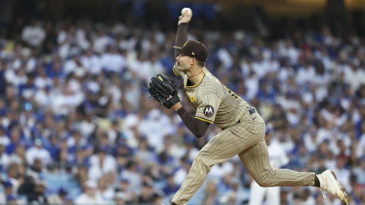 Oct 5, 2024; Los Angeles, California, USA; San Diego Padres pitcher Dylan Cease (84) throws a pitch in the second inning against the Los Angeles Dodgers during game one of the NLDS for the 2024 MLB Playoffs at Dodger Stadium.