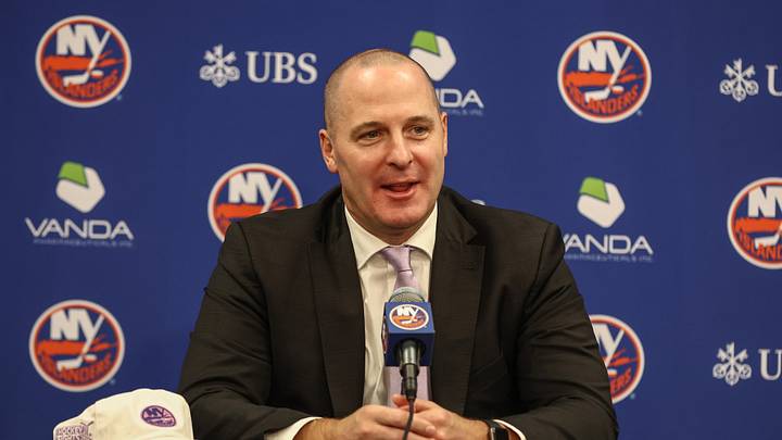 Nov 22, 2025; Elmont, New York, USA; New York Islanders General Manager Mathieu Darche speaks with fans at a pre-game event prior to the game against the St. Louis Blues at UBS Arena. Mandatory Credit: Wendell Cruz-Imagn Images