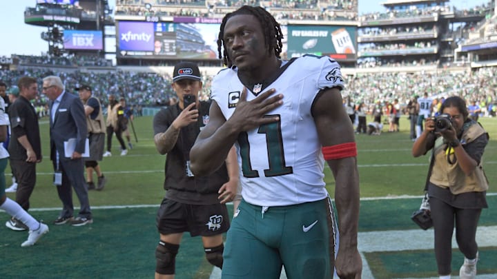 Sep 21, 2025; Philadelphia, Pennsylvania, USA; Philadelphia Eagles wide receiver AJ. Brown (11) walks off the field after win against the Los Angeles Rams at Lincoln Financial Field. Mandatory Credit: Eric Hartline-Imagn Images Sep 21, 2025; Philadelphia, Pennsylvania, USA; Philadelphia Eagles wide receiver AJ. Brown (11) walks off the field after win against the Los Angeles Rams at Lincoln Financial Field. Mandatory Credit: Eric Hartline-Imagn Images