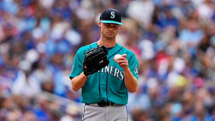 Aug 29, 2026; Toronto, Ontario, CAN;  Seattle Mariners pitcher Kade Anderson (13) looks at the ball at a MLB game against the Toronto Blue Jays during the second inning at Rogers Centre.  Mandatory Credit: Kevin Sousa-Imagn Images