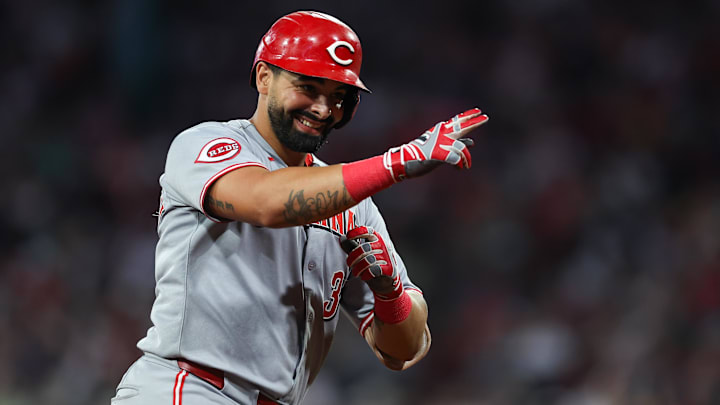 Jul 2, 2025; Boston, Massachusetts, USA; Cincinnati Reds third baseman Christian Encarnacion-Strand (33) celebrates after hitting a grand slam during the seventh inning against the Boston Red Sox at Fenway Park. Mandatory Credit: Paul Rutherford-Imagn Images