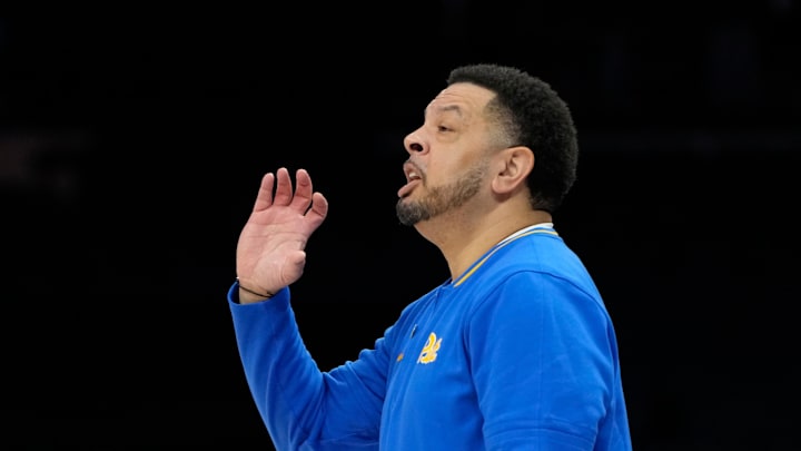 Mar 11, 2025; Charlotte, NC, USA; Pittsburgh Panthers head coach Jeff Capel reacts in the first half at Spectrum Center. Mandatory Credit: Bob Donnan-Imagn Images