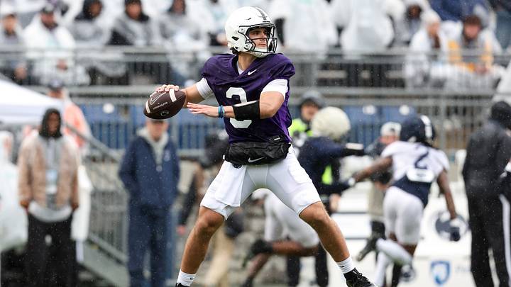 Penn State Nittany Lions quarterback Rocco Becht (3) throws a pass during spring practice at Beaver Stadium. 