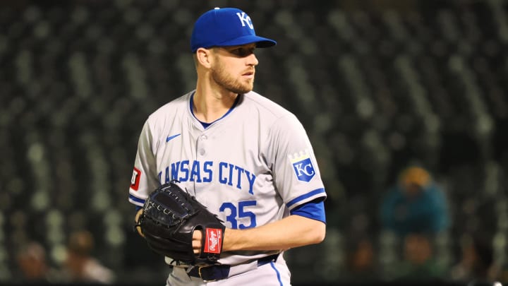 Jun 19, 2024; Oakland, California, USA; Kansas City Royals relief pitcher Chris Stratton (35) on the mound against the Oakland Athletics during the eighth inning at Oakland-Alameda County Coliseum. Mandatory Credit: Kelley L Cox-USA TODAY Sports
