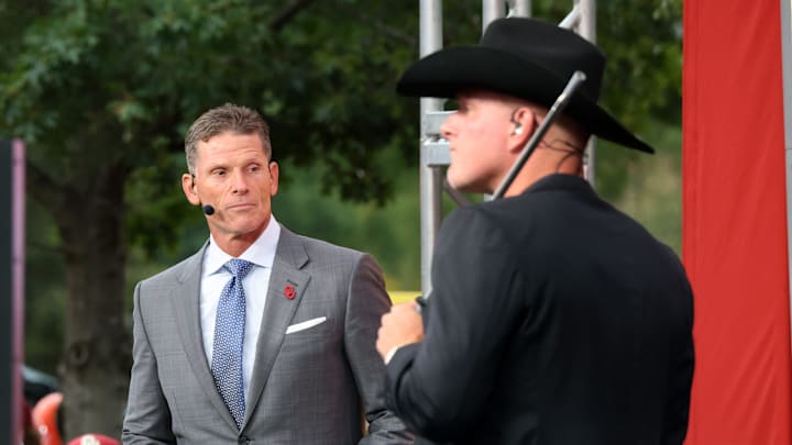 Oklahoma coach Brent Venables on set with Pat McAfee before ESPN's "College GameDay" before OU-Michigan. Oklahoma coach Brent Venables on set with Pat McAfee before ESPN's "College GameDay" before OU-Michigan.