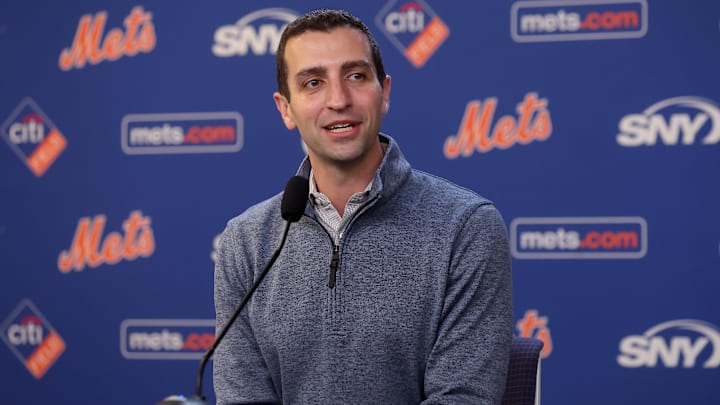 Jul 30, 2024; New York City, New York, USA; New York Mets president of baseball operations David Stearns speaks to the media about the MLB trade deadline before a game against the Minnesota Twins at Citi Field. Mandatory Credit: Brad Penner-Imagn Images