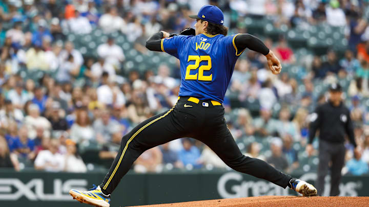 Seattle Mariners pitcher Bryan Woo throws during a game against the Washington Nationals on May 30 at T-Mobile Park.