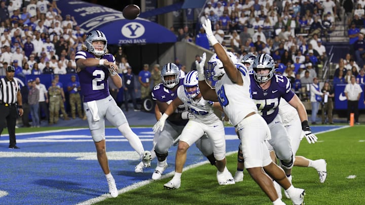 Sep 21, 2024; Provo, Utah, USA; Kansas State Wildcats quarterback Avery Johnson (2) passes the ball against the Brigham Young Cougars during the first quarter at LaVell Edwards Stadium. Mandatory Credit: Rob Gray-Imagn Images