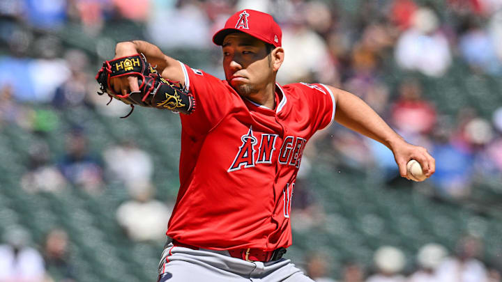 Apr 26, 2025; Minneapolis, Minnesota, USA; Los Angeles Angels pitcher Yusei Kikuchi (16) throws a pitch against the Minnesota Twins during the first inning at Target Field. Mandatory Credit: Jeffrey Becker-Imagn Images