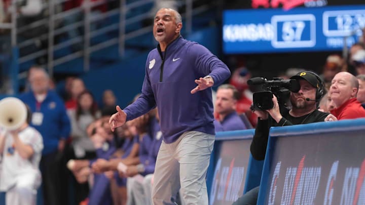 Kansas State Wildcats head coach Jerome Tang yells out in the second half of the Sunflower Showdown game against the Kansas Jayhawks inside Allen Fieldhouse Saturday, Jan. 18, 2025.