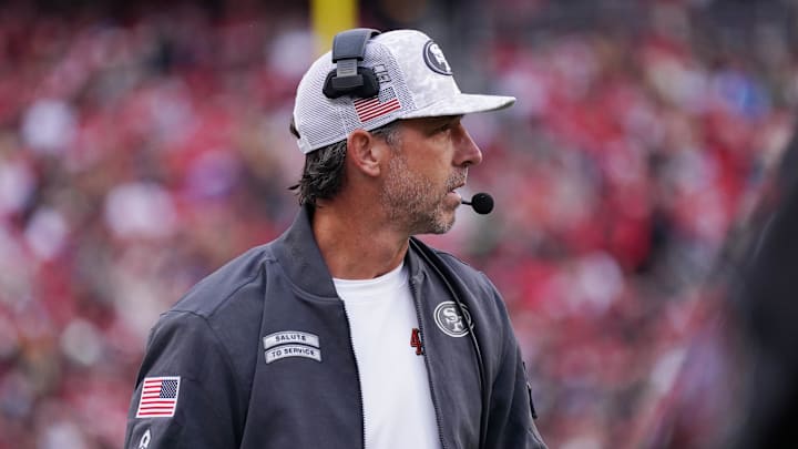 Nov 17, 2024; Santa Clara, California, USA; San Francisco 49ers head coach Kyle Shanahan watches the action against the Seattle Seahawks in the fourth quarter at Levi's Stadium. Mandatory Credit: David Gonzales-Imagn Images