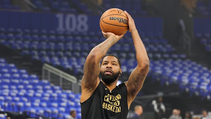 May 3, 2024; Orlando, Florida, USA; Cleveland Cavaliers forward Marcus Morris Sr. (24) warms up before game six of the first round for the 2024 NBA playoffs at Kia Center. Mandatory Credit: Mike Watters-Imagn Images
