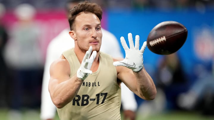 Mar 2, 2024; Indianapolis, IN, USA; New Hampshire running back Dylan Laube (RB17) during the 2024 NFL Combine at Lucas Oil Stadium. Mandatory Credit: Kirby Lee-Imagn Images Mar 2, 2024; Indianapolis, IN, USA; New Hampshire running back Dylan Laube (RB17) during the 2024 NFL Combine at Lucas Oil Stadium. Mandatory Credit: Kirby Lee-Imagn Images