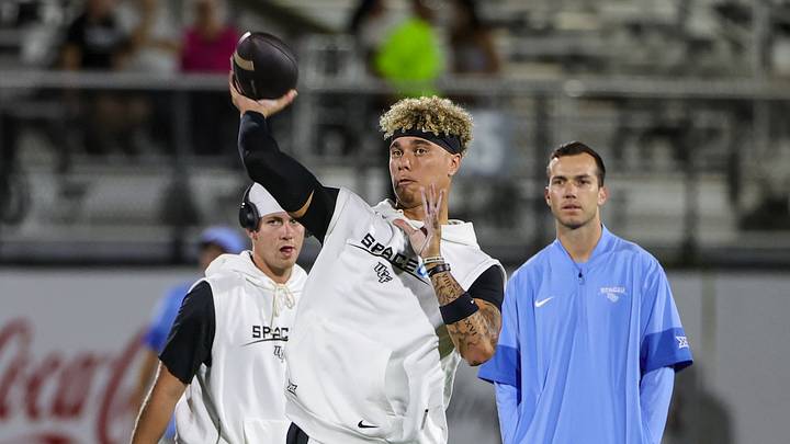 Nov 7, 2025; Orlando, Florida, USA; UCF Knights quarterback Tayven Jackson (2) warms up before the game against the Houston Cougars at Acrisure Bounce House. Mandatory Credit: Mike Watters-Imagn Images