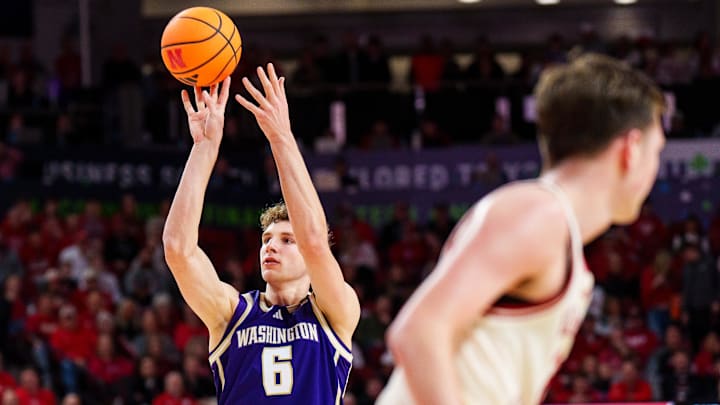 Jan 21, 2026; Lincoln, Nebraska, USA; Washington Huskies forward Hannes Steinbach (6) shoots a three-point shot against the Nebraska Cornhuskers during the second half at Pinnacle Bank Arena. Mandatory Credit: Dylan Widger-Imagn Images