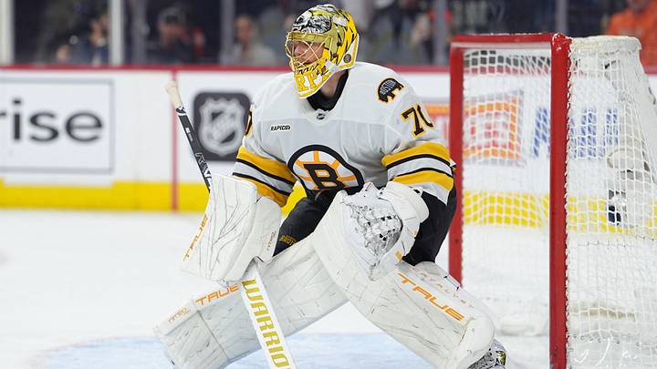 Apr 5, 2026; Philadelphia, Pennsylvania, USA; Boston Bruins goalie Joonas Korpisalo (70) in action against the Philadelphia Flyers in the third period at Xfinity Mobile Arena. Apr 5, 2026; Philadelphia, Pennsylvania, USA; Boston Bruins goalie Joonas Korpisalo (70) in action against the Philadelphia Flyers in the third period at Xfinity Mobile Arena.