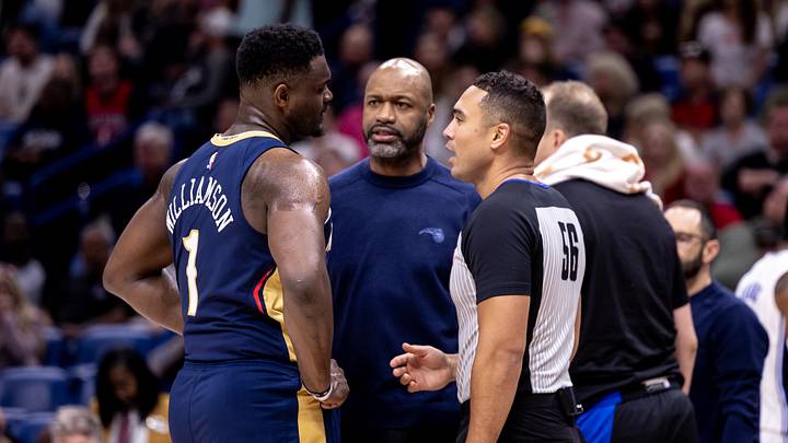 Apr 3, 2024; New Orleans, Louisiana, USA; New Orleans Pelicans forward Zion Williamson (1) complains to referee John Conley (56) and Orlando Magic head coach Jamahl Mosley about a play during the second half at Smoothie King Center. Mandatory Credit: Stephen Lew-USA TODAY Sports Apr 3, 2024; New Orleans, Louisiana, USA; New Orleans Pelicans forward Zion Williamson (1) complains to referee John Conley (56) and Orlando Magic head coach Jamahl Mosley about a play during the second half at Smoothie King Center. Mandatory Credit: Stephen Lew-USA TODAY Sports