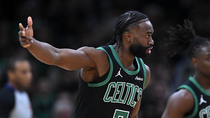 Jan 18, 2025; Boston, Massachusetts, USA; Boston Celtics guard Jaylen Brown (7) reacts after making a three-point basket against the Atlanta Hawks during the first quarter at the TD Garden. Mandatory Credit: Brian Fluharty-Imagn Images Jan 18, 2025; Boston, Massachusetts, USA; Boston Celtics guard Jaylen Brown (7) reacts after making a three-point basket against the Atlanta Hawks during the first quarter at the TD Garden. Mandatory Credit: Brian Fluharty-Imagn Images