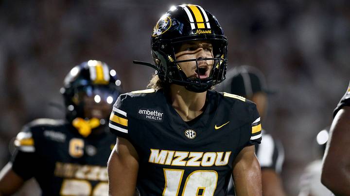 Sep 26, 2026; Starkville, Mississippi, USA;  Missouri Tigers wide receiver Cayden Lee (19) reacts after a touchdown during the third quarter against the Mississippi State Bulldogs at Davis Wade Stadium at Scott Field.  Mandatory Credit: Petre Thomas-Imagn Images