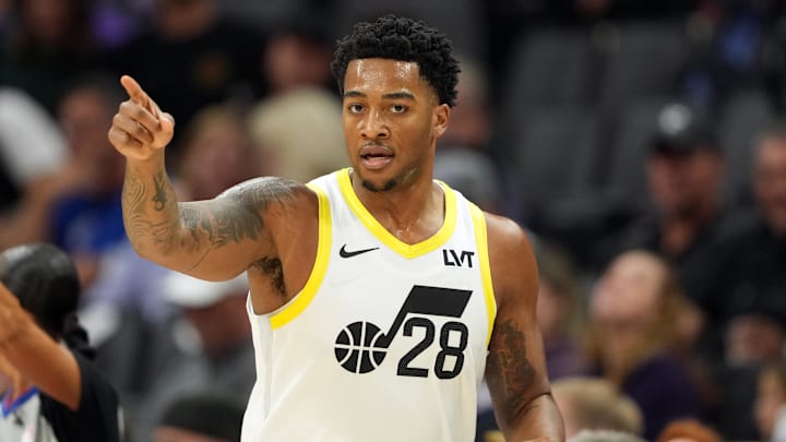 Dec 8, 2024; Sacramento, California, USA; Utah Jazz forward Brice Sensabaugh (28) gestures during the first quarter against the Sacramento Kings at Golden 1 Center. Mandatory Credit: Darren Yamashita-Imagn Images