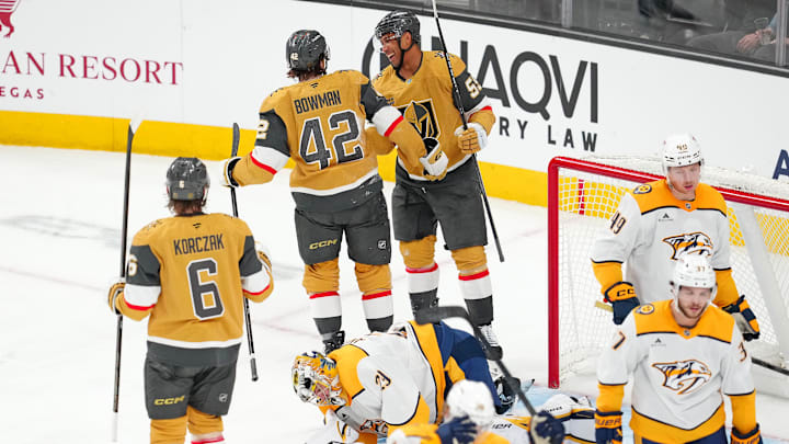 Jan 17, 2026; Las Vegas, Nevada, USA; Vegas Golden Knights right wing Keegan Kolesar (55) celebrates with right wing Braeden Bowman (42) and defenseman Kaedan Korczak (6) after scoring a goal against the Nashville Predators during the third period at T-Mobile Arena. Mandatory Credit: Stephen R. Sylvanie-Imagn Images Jan 17, 2026; Las Vegas, Nevada, USA; Vegas Golden Knights right wing Keegan Kolesar (55) celebrates with right wing Braeden Bowman (42) and defenseman Kaedan Korczak (6) after scoring a goal against the Nashville Predators during the third period at T-Mobile Arena. Mandatory Credit: Stephen R. Sylvanie-Imagn Images