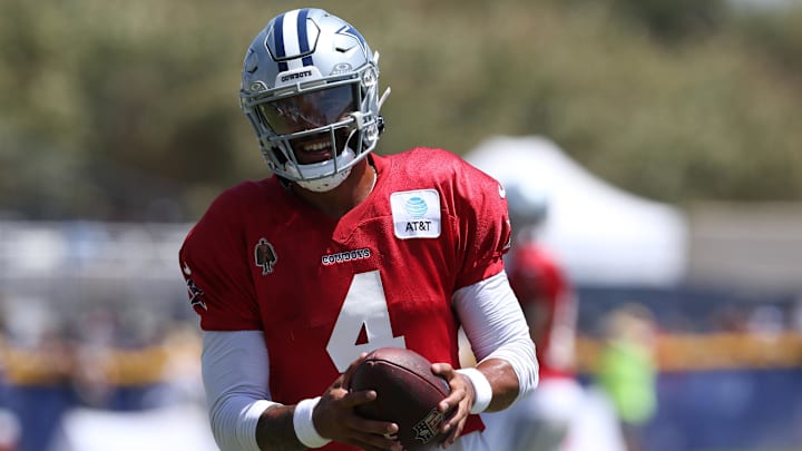 Jul 30, 2024; Oxnard, CA, USA; Dallas Cowboys quarterback Dak Prescott (4) during training camp at the River Ridge Playing Fields in Oxnard, California.