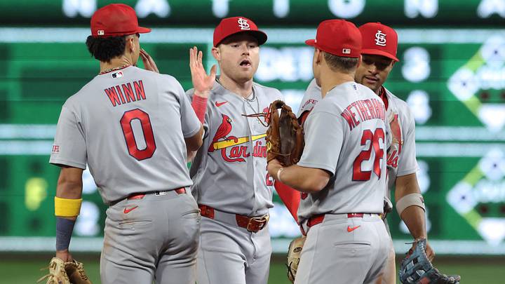Apr 29, 2026; Pittsburgh, Pennsylvania, USA; St. Louis Cardinals shortstop Masyn Winn (0) and left fielder Nathan Church (27) and second baseman JJ Wetherholt (26) and center fielder Victor Scott II (right) celebrate after defeating the Pittsburgh Pirates at PNC Park. Mandatory Credit: Charles LeClaire-Imagn Images Apr 29, 2026; Pittsburgh, Pennsylvania, USA; St. Louis Cardinals shortstop Masyn Winn (0) and left fielder Nathan Church (27) and second baseman JJ Wetherholt (26) and center fielder Victor Scott II (right) celebrate after defeating the Pittsburgh Pirates at PNC Park. Mandatory Credit: Charles LeClaire-Imagn Images