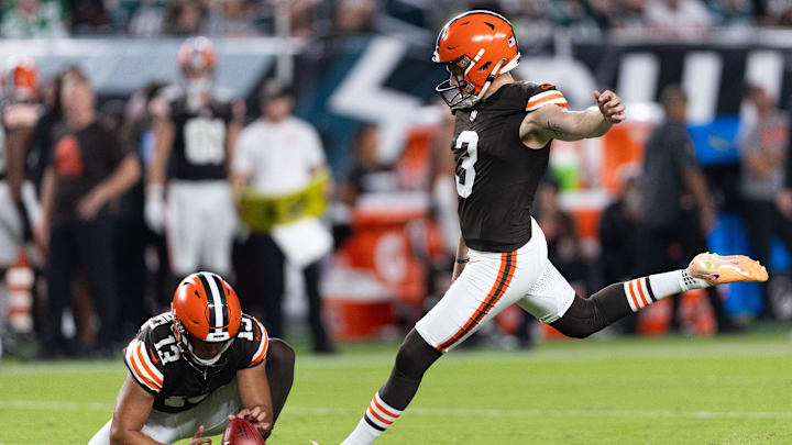 Aug 17, 2023; Philadelphia, Pennsylvania, USA; Cleveland Browns punter Corey Bojorquez (13) holds