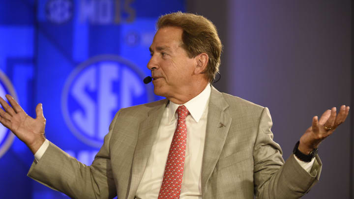 Jul 15, 2015; Birmingham, AL, USA; Alabama Crimson Tide head coach Nick Saban speaks to ESPN during SEC media day at the Wynfrey Hotel. Mandatory Credit: Shanna Lockwood-USA TODAY Sports