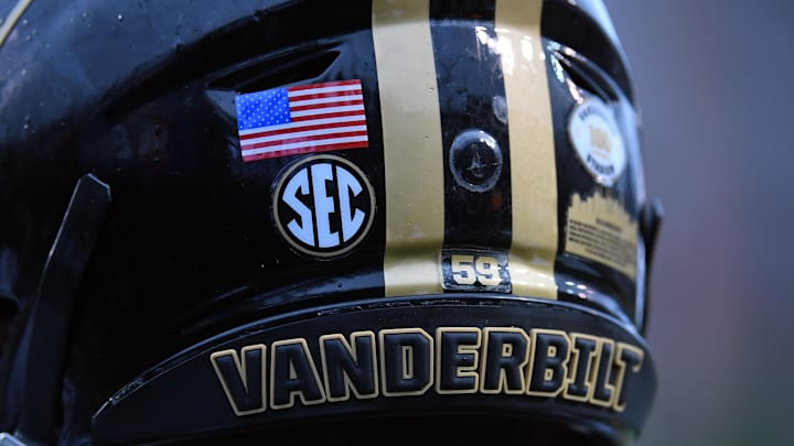 Sep 3, 2022; Nashville, Tennessee, USA; View of the helmet worn by Vanderbilt Commodores defensive end Nicholas Rinaldi (59) before the game against the Elon Phoenix at FirstBank Stadium. Mandatory Credit: Christopher Hanewinckel-Imagn Images