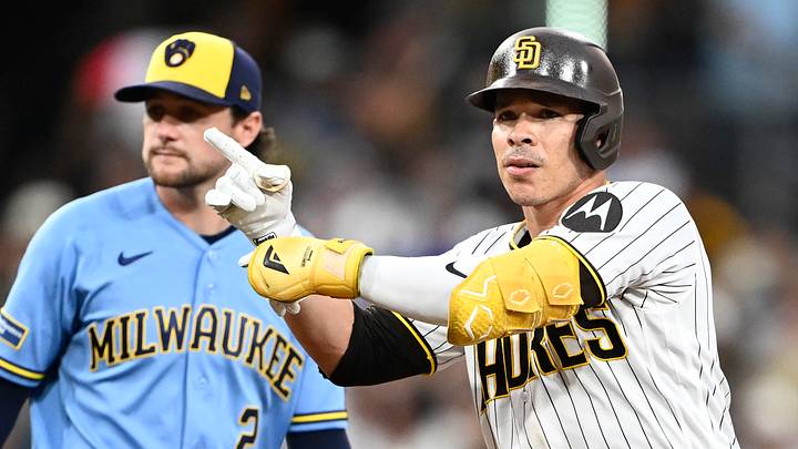 Aug 10, 2026; San Diego, California, USA; San Diego Padres catcher Freddy Fermin (54) gestures after hitting a double during the third inning against the Milwaukee Brewers at Petco Park. Mandatory Credit: Denis Poroy-Imagn Images