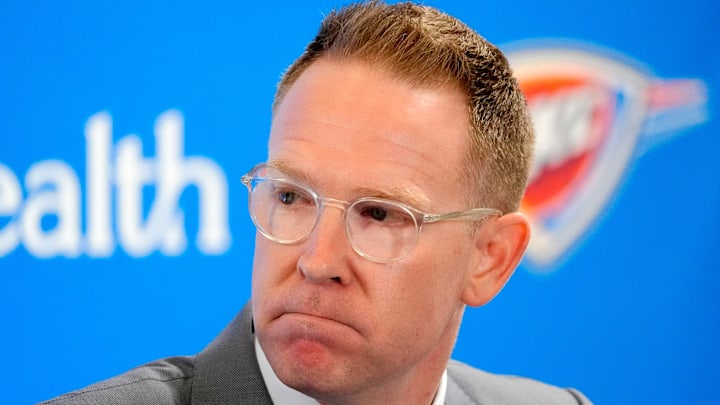 Thunder general manager Sam Presti speaks during an introductory press conference for the 2024 Thunder draft picks at Oklahoma Contemporary Arts Center in Oklahoma City, Saturday, June, 29, 2024.