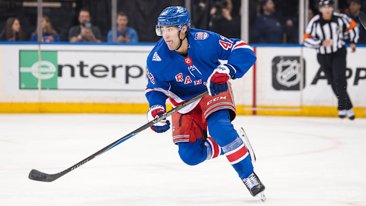 Apr 5, 2026; New York, New York, USA; New York Rangers center Noah Laba (42) skates against the Washington Capitals during the first period at Madison Square Garden. Mandatory Credit: Danny Wild-Imagn Images