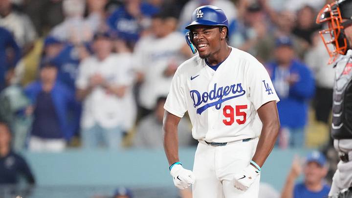 Sep 18, 2026; Los Angeles, California, USA; Los Angeles Dodgers designated hitter Josue de Paula (95) celebrates after scoring on a two run home run by Los Angeles Dodgers shortstop Mookie Betts (not pictured) during the eighth inning against the San Francisco Giants at Dodger Stadium. Mandatory Credit: Kirby Lee-Imagn Images Sep 18, 2026; Los Angeles, California, USA; Los Angeles Dodgers designated hitter Josue de Paula (95) celebrates after scoring on a two run home run by Los Angeles Dodgers shortstop Mookie Betts (not pictured) during the eighth inning against the San Francisco Giants at Dodger Stadium. Mandatory Credit: Kirby Lee-Imagn Images