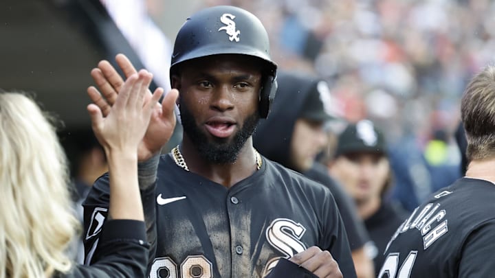 Sep 29, 2024; Detroit, Michigan, USA; Chicago White Sox center fielder Luis Robert Jr. (88) receives congratulations from teammates after scoring in the seventh inning against the Detroit Tigers at Comerica Park. Sep 29, 2024; Detroit, Michigan, USA; Chicago White Sox center fielder Luis Robert Jr. (88) receives congratulations from teammates after scoring in the seventh inning against the Detroit Tigers at Comerica Park.