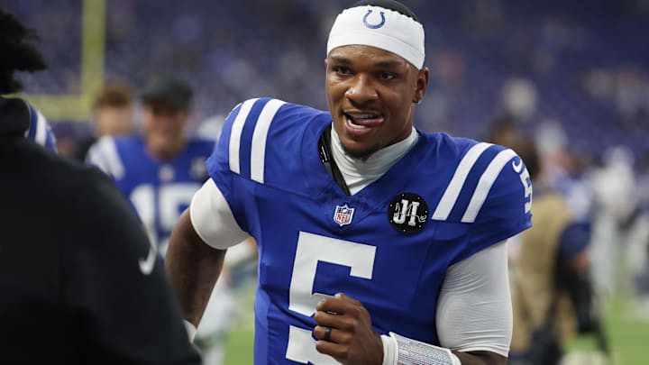 Oct 5, 2025; Indianapolis, Indiana, USA; Indianapolis Colts quarterback Anthony Richardson (5) walks off the field after their win against the Las Vegas Raiders at Lucas Oil Stadium. Oct 5, 2025; Indianapolis, Indiana, USA; Indianapolis Colts quarterback Anthony Richardson (5) walks off the field after their win against the Las Vegas Raiders at Lucas Oil Stadium.